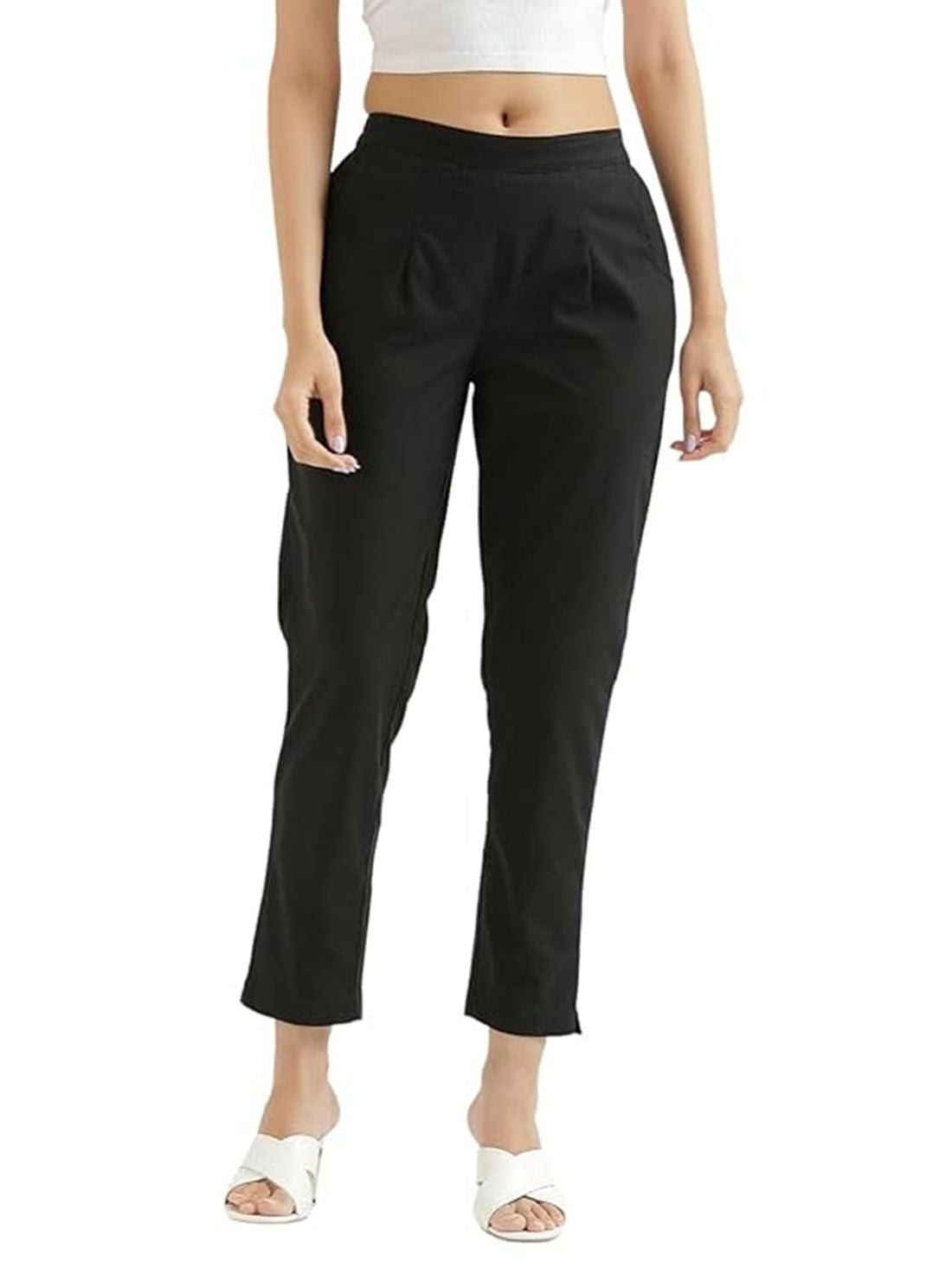 Agarbha Women Regular Fit Elastic Waist Cotton Trouser-Black