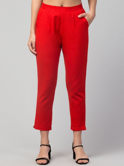 Agarbha Women Regular Fit Elastic Waist Cotton Trouser-Red