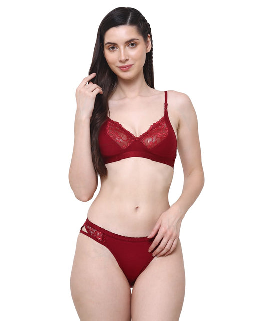 AGARBHA  Women Cotton Half Net Non Padded Non Wired Low Coverage Bra & Panty Regular Linguries Set | Half Net Bikini Set for Women for Beach| Linguries for Women |  Linguries for Honeymoon |  Linguries Set | Bra Panty Set for Women (Maroon)
