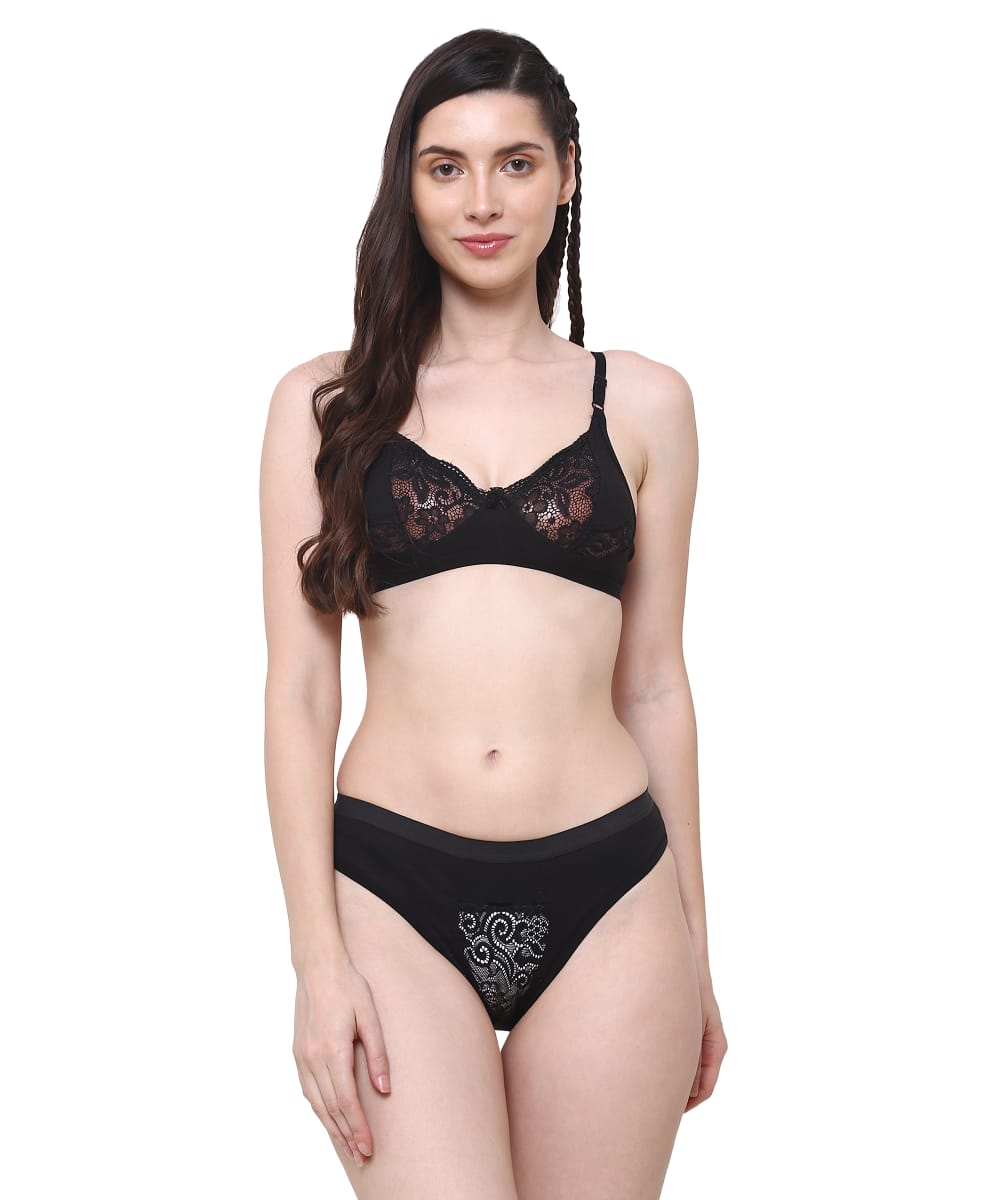 AGARBHA  Women Cotton Half Net Non Padded Non Wired Low Coverage Bra & Panty Regular Linguries Set | Half Net Bikini Set for Women for Beach| Linguries for Women |  Linguries for Honeymoon |  Linguries Set | Bra Panty Set for Women (Black)