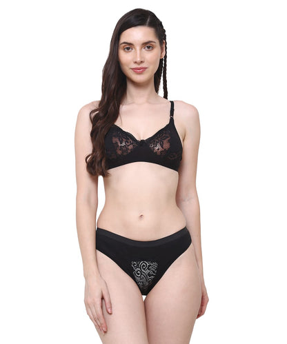 AGARBHA  Women Cotton Half Net Non Padded Non Wired Low Coverage Bra & Panty Regular Linguries Set | Half Net Bikini Set for Women for Beach| Linguries for Women |  Linguries for Honeymoon |  Linguries Set | Bra Panty Set for Women (Black)