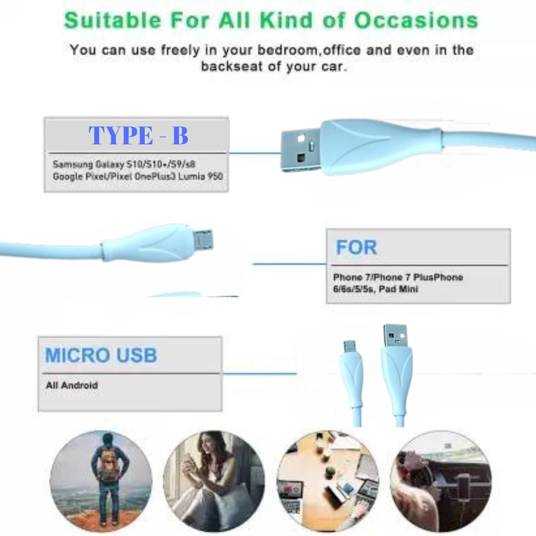 Type B Charging Cable compatible with Android Phones/Tablets, 280mbps Data Transfer Speed, Made in India, Solero M241 Tangle-free USB Cable (Round, 1M, Skyblue) SD-Generic Data Cable-047